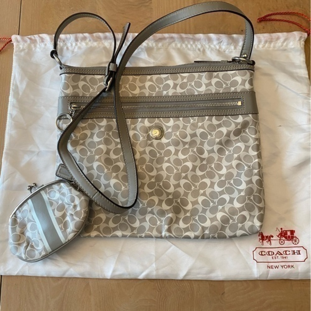 Gray Coach large crossbody mag and coin purse set